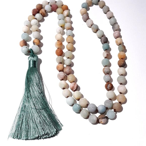 African Opal Mala Meditation 86 Beads Necklace Tassel NWOT - Picture 1 of 6